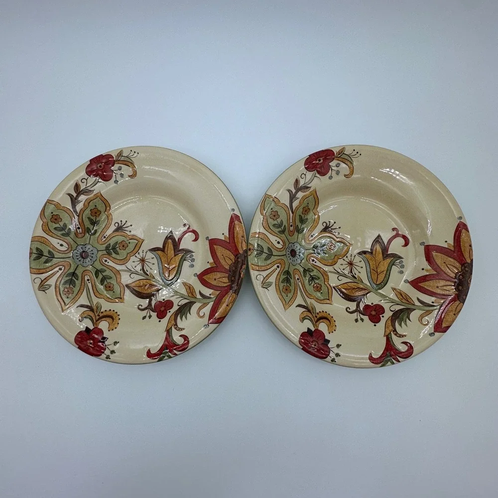 2 Pier 1 Imports Carynthum Salad Plates Handcrafted Earthenware Floral 8.2